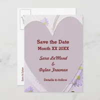 Purple Flowers, Heart, Rings, Save the Date PCard Announcement Postcard