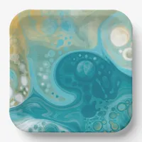 Ocean Blue Waves and Sandy Brown Fluid Art    Paper Plates