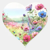 Watercolor Meadow of Pink and Blue Flowers Heart Sticker