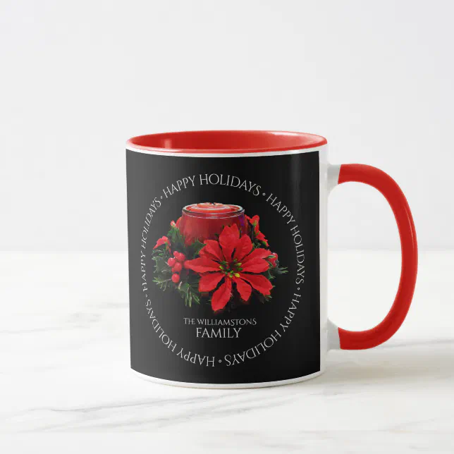 Festive Red Christmas Candles, Holly & Poinsettia Mug