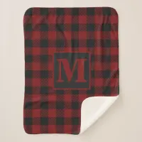 Rustic Red Buffalo Plaid Winter Monogram Sherpa Blanket