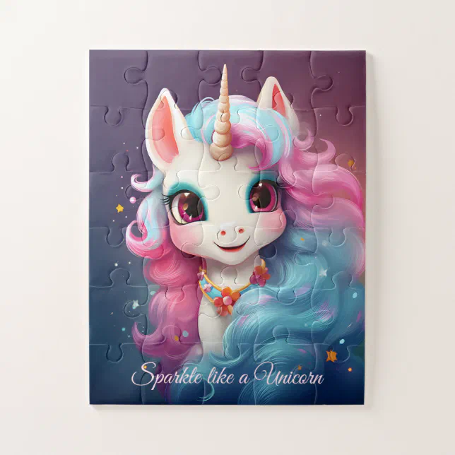 Cute Unicorn Cartoon in Pink & Purple Jigsaw Puzzle