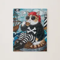 Kitty Pirate in fuzzy black sweater with a coffee Jigsaw Puzzle