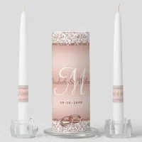 Elegant Rose Gold Monogram Glam Glitter Wedding Unity Candle Set