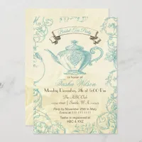 Aqua Ivory Roses vintage Bridal Tea Invitation