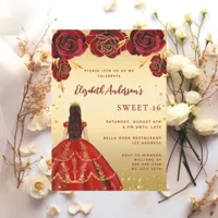 Sweet 16 red gold dress florals roses invitation