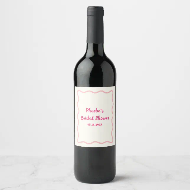 Pink Bridal Shower Wavy Border Whimsical Cute Wine Label