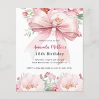 Blush pink bow florals birthday invitation