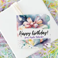 Watercolor Birthday Gift Box with Pink Bow Favor Tags