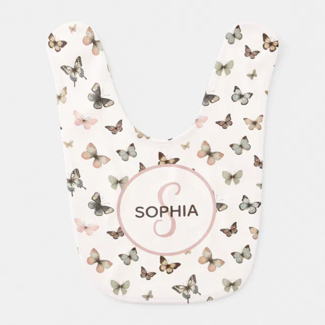 Cute Baby Girl Custom Monogram Butterfly Pattern Baby Bib