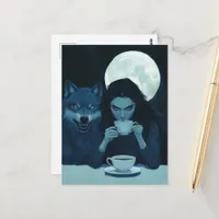 Coffee With the Wolf during a full moon fantasy Postcard