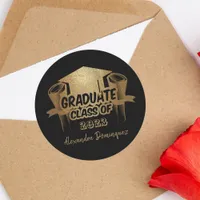 Class of 2023 Gold Glitter Black Grad Party Favor Classic Round Sticker