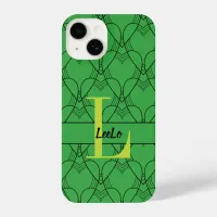 Green Hearts Pattern Monogram and Name Custom iPhone 14 Case