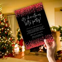 Classy Red Glitter Borders Lets Party Christmas  Invitation