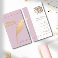 Elegant Pink Glitter Gold Quill Notary Public QR Business Card