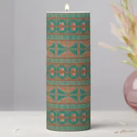 Southwestern Copper Teal Geometric Pattern Pillar Candle