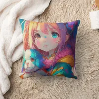 Anime Girl with Puppy Throw Pillow