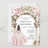 Rose gold pink florals arch dress Quinceanera Invitation