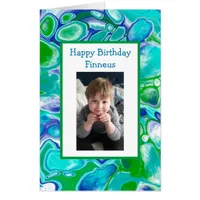 Big Blue and Green Marble Fluid Art Birthday Photo Card