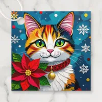 Cute Calico Kitty Cat and Poinsettia Christmas Favor Tags