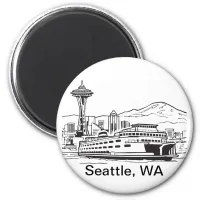 Seattle Ferry & Skyline Line Art Washington State Magnet
