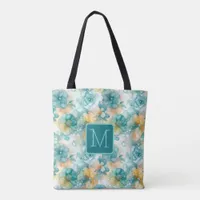 Teal and Yellow Flowers Color Block Monogram Tote Bag