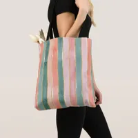 Watercolor Wide Vertical Stripes Teal Peach Pink Tote Bag