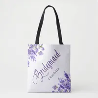 Bridesmaid lavender flowers violet script wedding tote bag