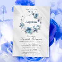 Blue Watercolor Floral Baptism Invitation