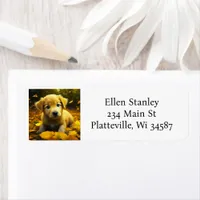 Yellow Labrador Puppy Playing in Fall Leaves Label