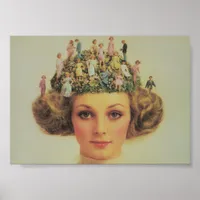 Retro Woman Surreal Hair With Tiny People Poster