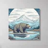 Bear, Mountains, Lake, Full Moon Ai Art Canvas Print