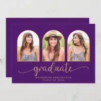 Elegant Boho Arch Purple Gold 3 Photo Graduation Invitation