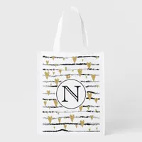 Gold hearts black stripes white monogram grocery bag