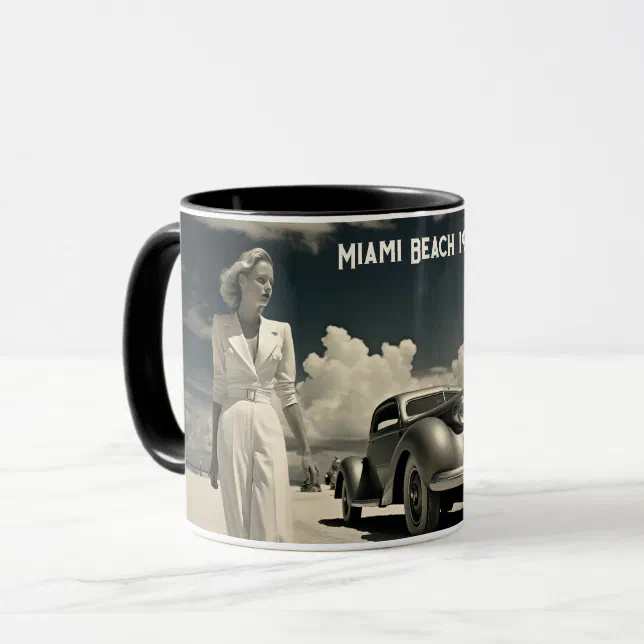 Woman in white walking on the beach in Miami Mug