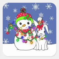 Christmas Snowman and Snow Bunny Square Sticker