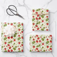 Strawberry Blossoms and Berries Pattern Wrapping Paper Sheets