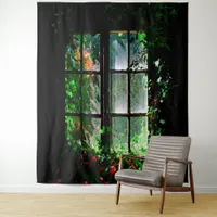 Garden window black green red floral greenery tapestry