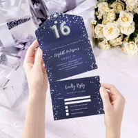 Sweet 16 navy blue silver stars rsvp all in one invitation