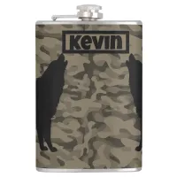 Modern Brown Camo Black Wolf Silhouette Monogram | Flask