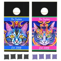 Pink and Blue His and Hers Cats Personalized Cornhole Set