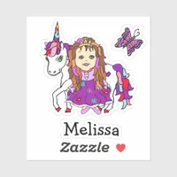 Cute Hand Drawn Princess and Unicorn and Name Sticker