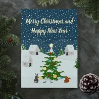 Christmas snow village with christmas tree  foil holiday card