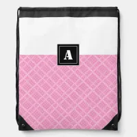 Crisscross Gingham Check Pink and White Monogram Drawstring Bag