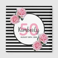 50th birthday pink roses black stripes name magnet