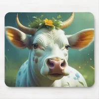 Cute White Ai Cow with Horns and Flowers Mouse Pad