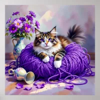 Cat with Purple Eyes in Purple Yarn and Flowers Poster