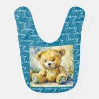 Watercolor Illustration Teddy Bear Personalized Baby Bib