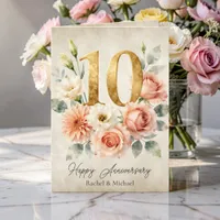 Watercolor Floral Gold 10th Wedding Anniversary Card