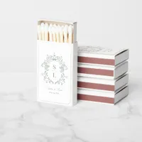 Sage Green Elegant Baroque Crest Monogram Wedding Matchboxes